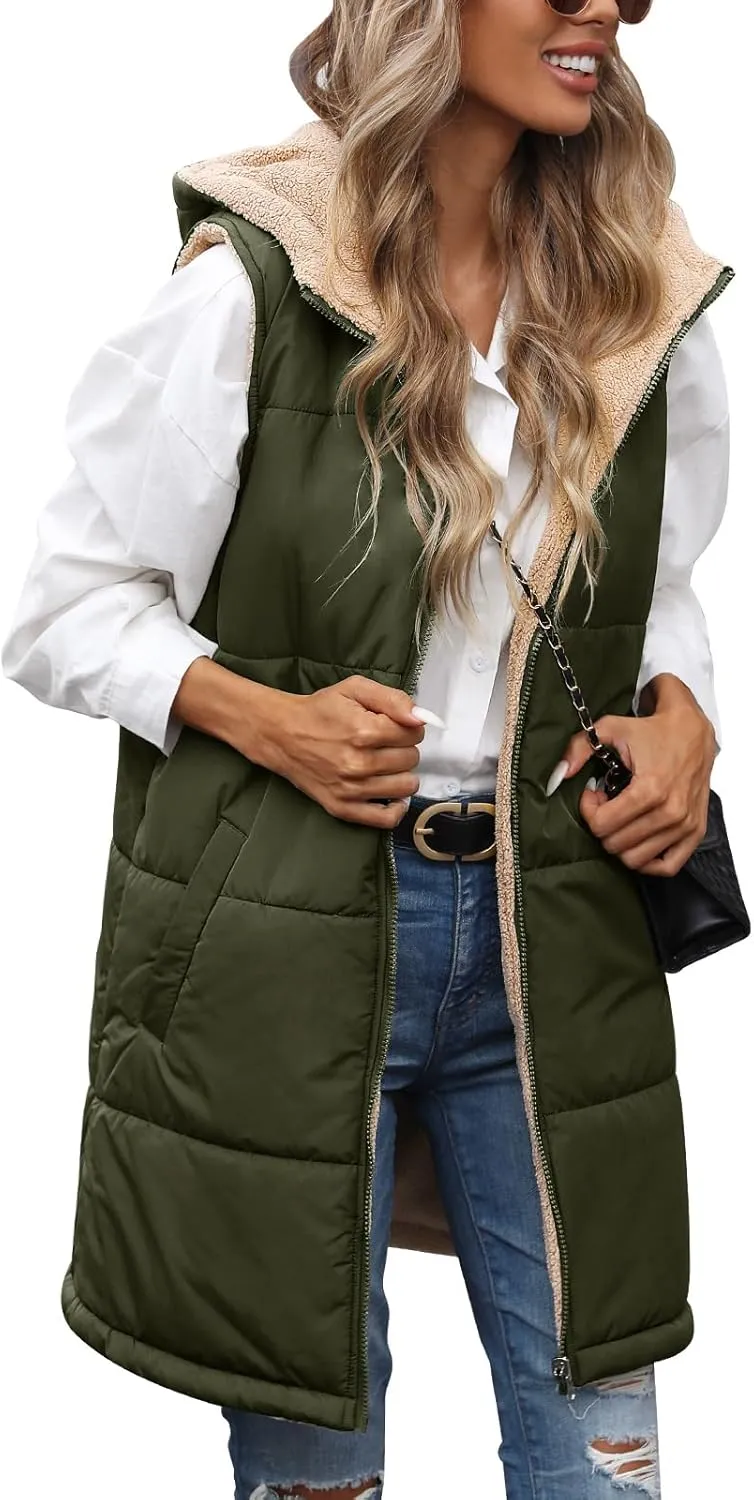 Womens Fall Reversible Vests Sleeveless Fleece Hoodie Jacket Zip Up Winter Warm Hooded Long Coat Outerwear with Pockets