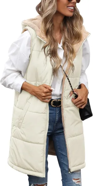 Womens Fall Reversible Vests Sleeveless Fleece Hoodie Jacket Zip Up Winter Warm Hooded Long Coat Outerwear with Pockets