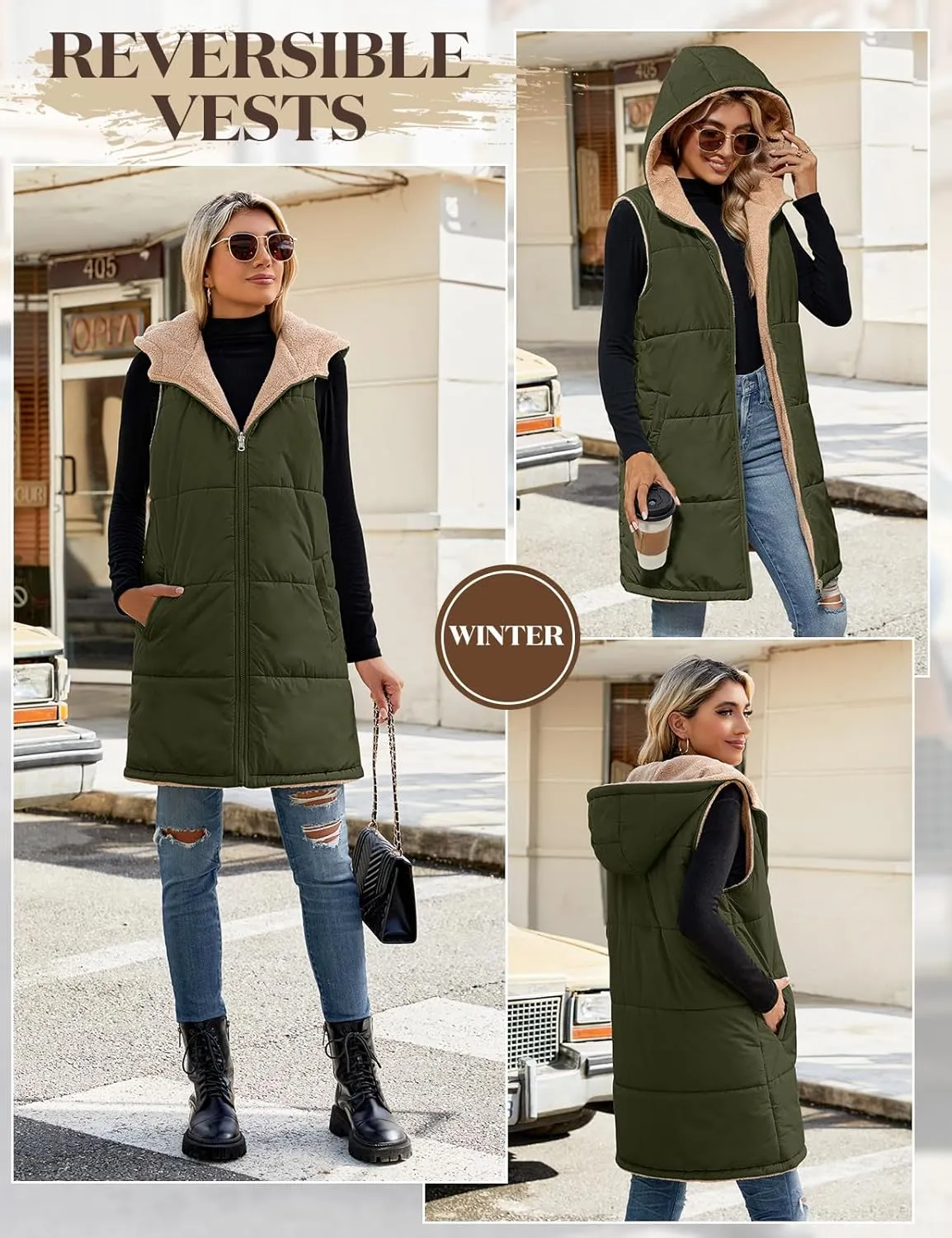 Womens Fall Reversible Vests Sleeveless Fleece Hoodie Jacket Zip Up Winter Warm Hooded Long Coat Outerwear with Pockets