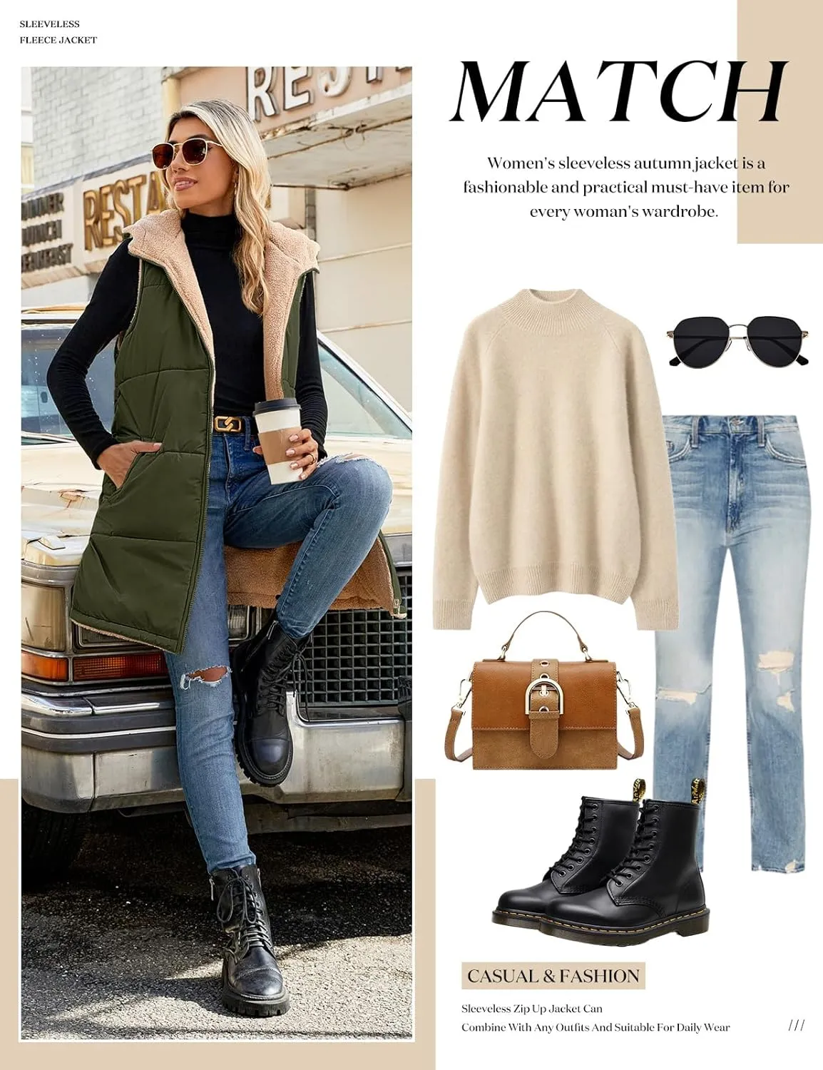 Womens Fall Reversible Vests Sleeveless Fleece Hoodie Jacket Zip Up Winter Warm Hooded Long Coat Outerwear with Pockets