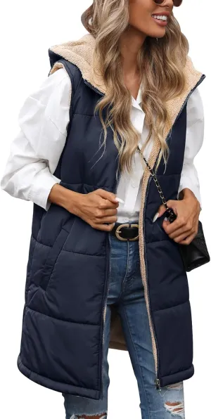 Womens Fall Reversible Vests Sleeveless Fleece Hoodie Jacket Zip Up Winter Warm Hooded Long Coat Outerwear with Pockets