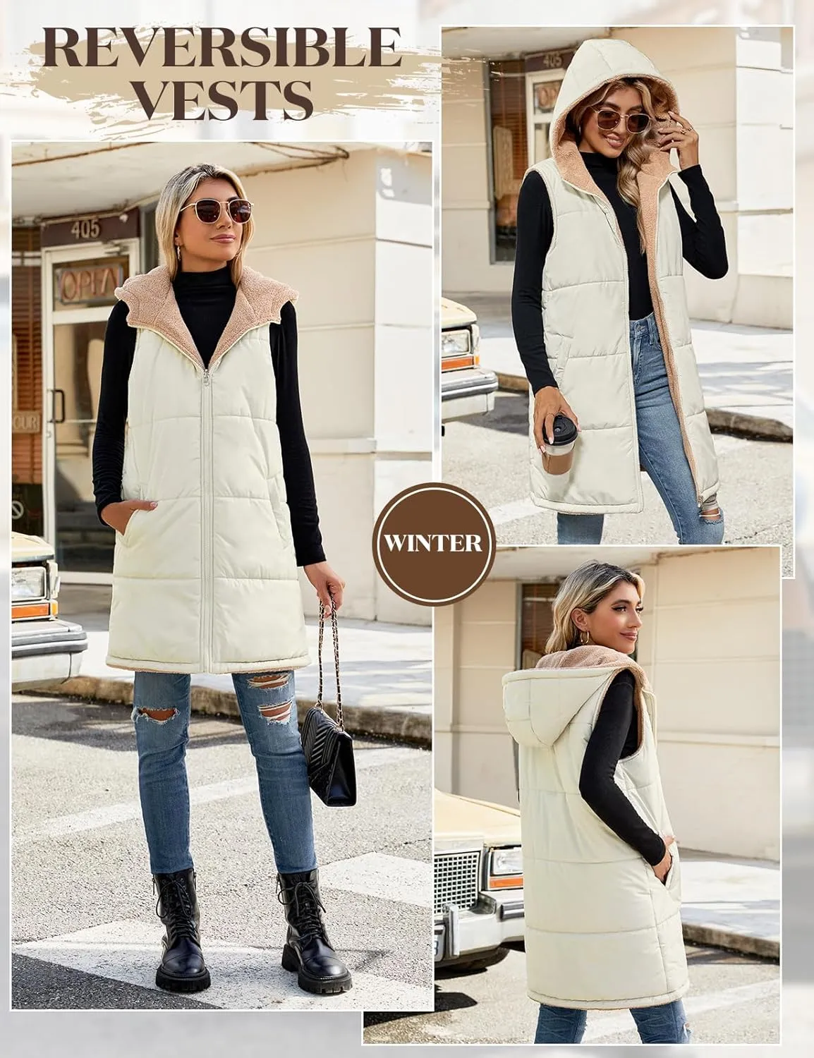 Womens Fall Reversible Vests Sleeveless Fleece Hoodie Jacket Zip Up Winter Warm Hooded Long Coat Outerwear with Pockets