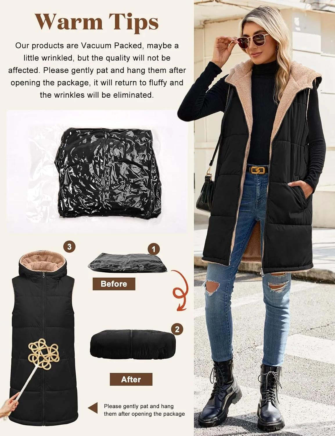 Womens Fall Reversible Vests Sleeveless Fleece Hoodie Jacket Zip Up Winter Warm Hooded Long Coat Outerwear with Pockets