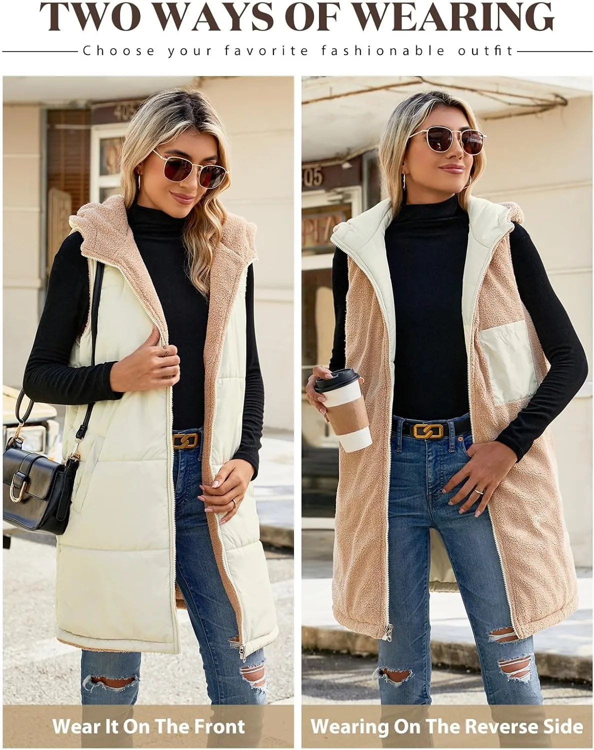 Womens Fall Reversible Vests Sleeveless Fleece Hoodie Jacket Zip Up Winter Warm Hooded Long Coat Outerwear with Pockets