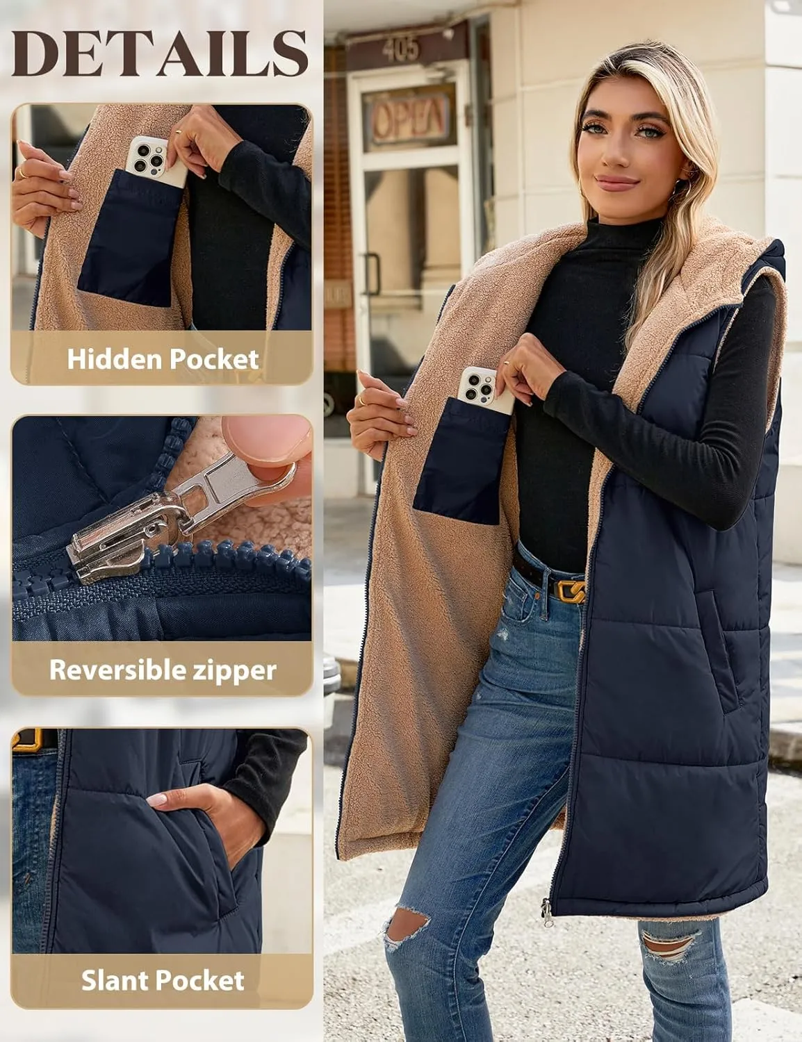 Womens Fall Reversible Vests Sleeveless Fleece Hoodie Jacket Zip Up Winter Warm Hooded Long Coat Outerwear with Pockets