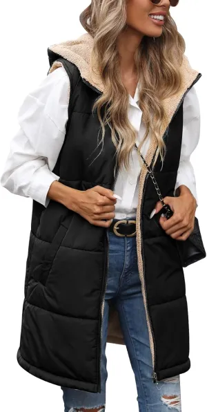 Womens Fall Reversible Vests Sleeveless Fleece Hoodie Jacket Zip Up Winter Warm Hooded Long Coat Outerwear with Pockets