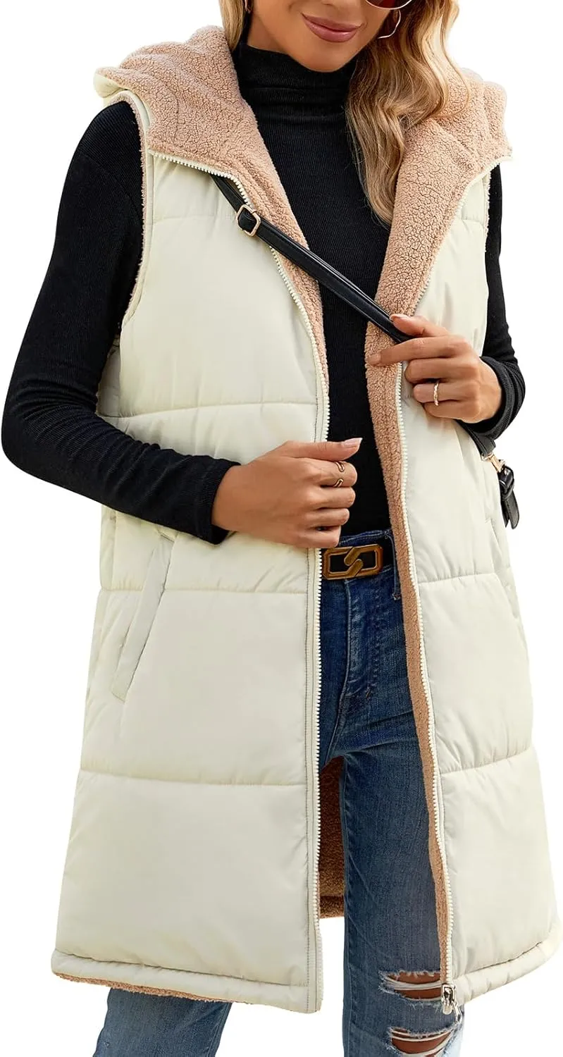 Womens Fall Reversible Vests Sleeveless Fleece Hoodie Jacket Zip Up Winter Warm Hooded Long Coat Outerwear with Pockets