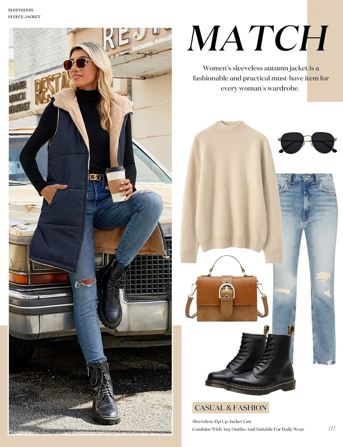 Womens Fall Reversible Vests Sleeveless Fleece Hoodie Jacket Zip Up Winter Warm Hooded Long Coat Outerwear with Pockets