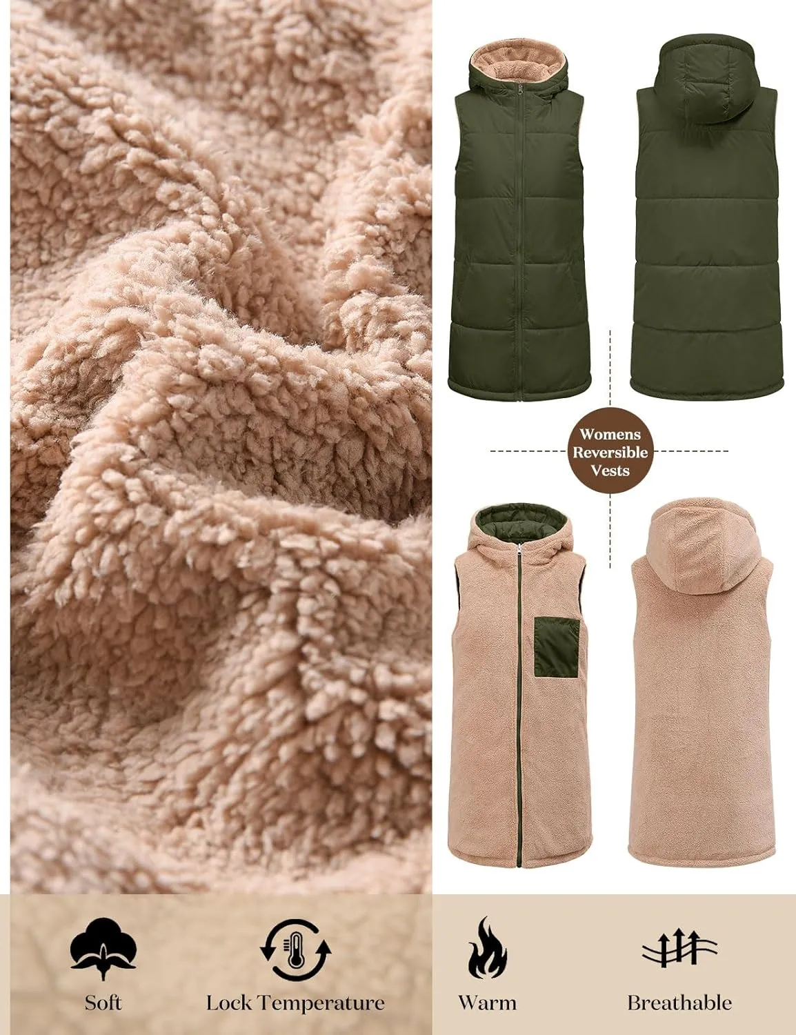 Womens Fall Reversible Vests Sleeveless Fleece Hoodie Jacket Zip Up Winter Warm Hooded Long Coat Outerwear with Pockets