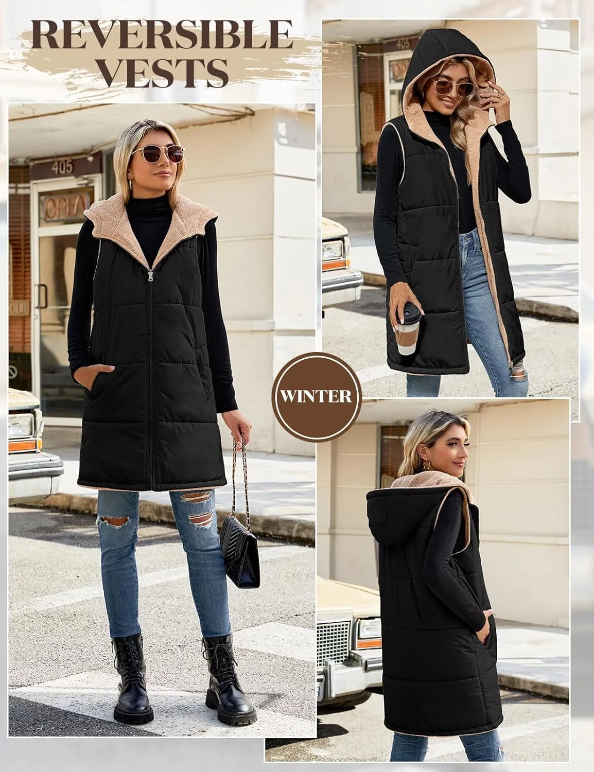 Womens Fall Reversible Vests Sleeveless Fleece Hoodie Jacket Zip Up Winter Warm Hooded Long Coat Outerwear with Pockets