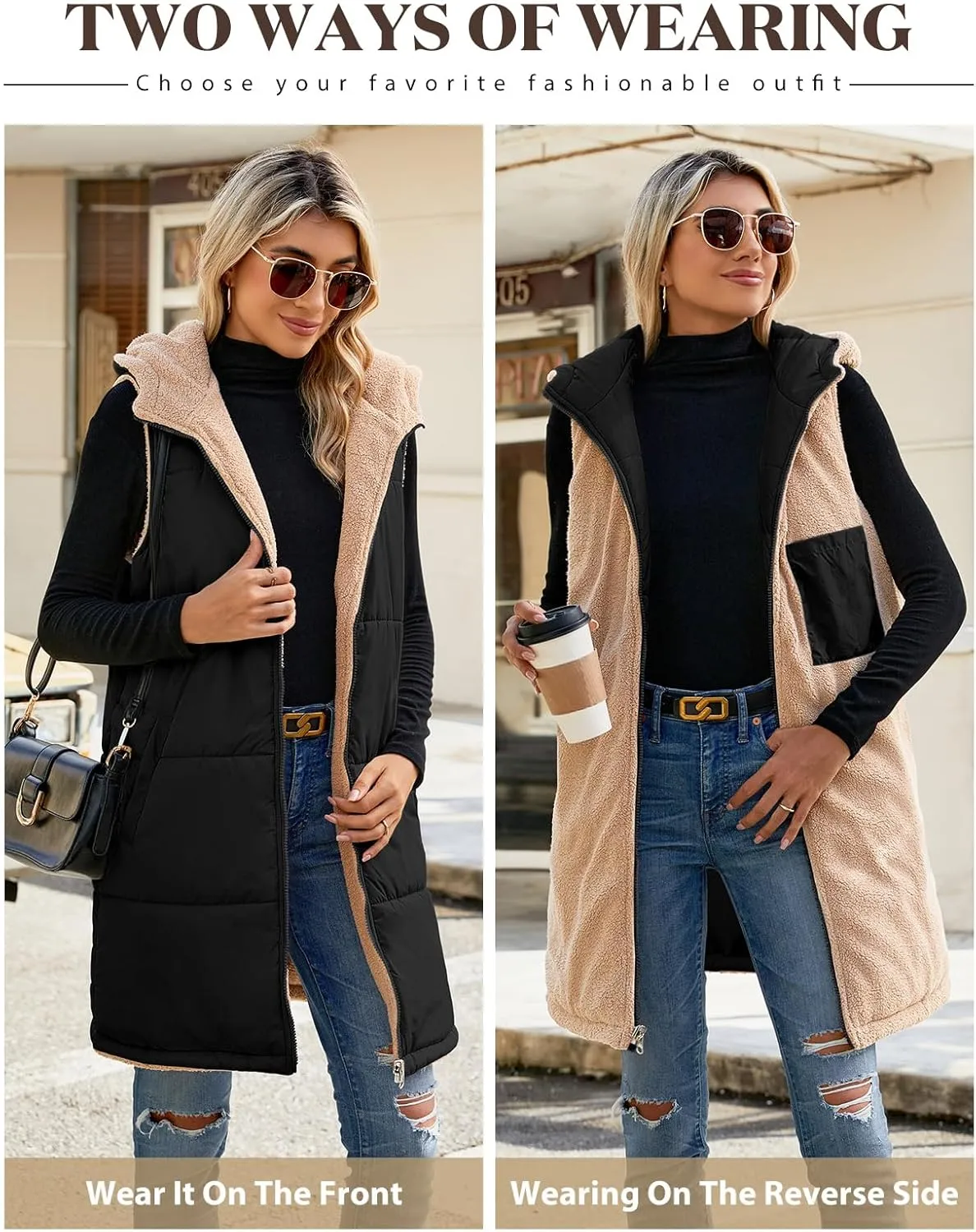 Womens Fall Reversible Vests Sleeveless Fleece Hoodie Jacket Zip Up Winter Warm Hooded Long Coat Outerwear with Pockets