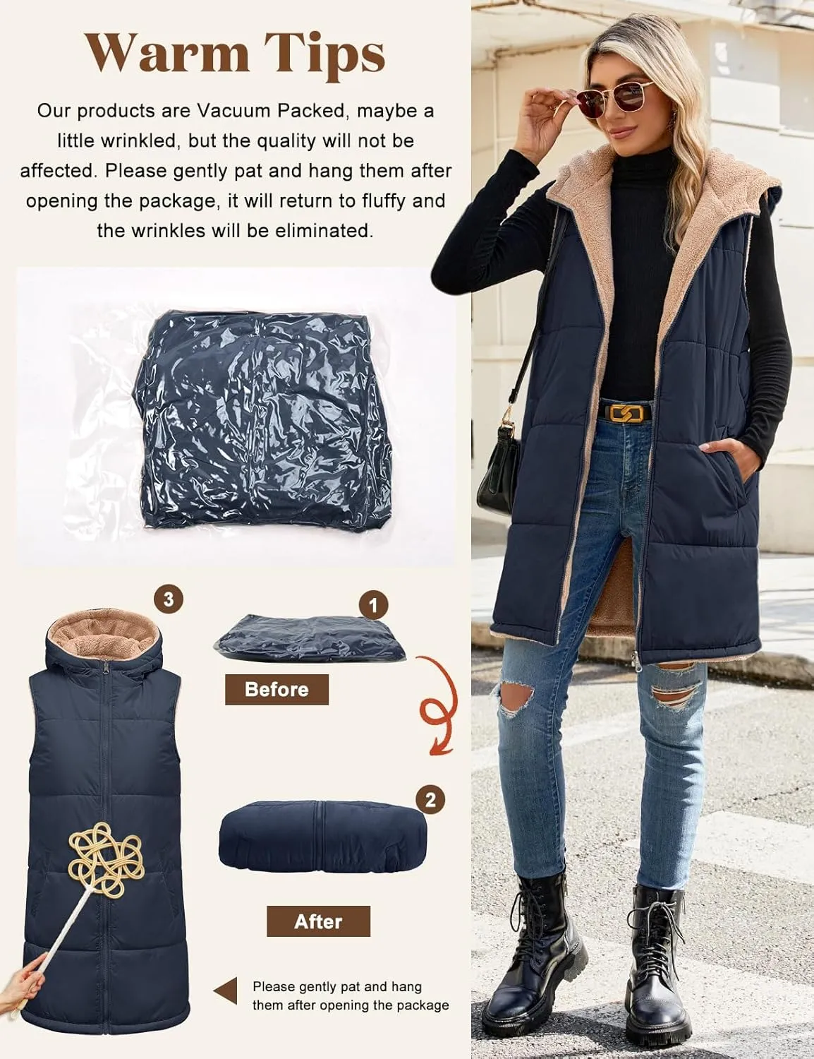Womens Fall Reversible Vests Sleeveless Fleece Hoodie Jacket Zip Up Winter Warm Hooded Long Coat Outerwear with Pockets