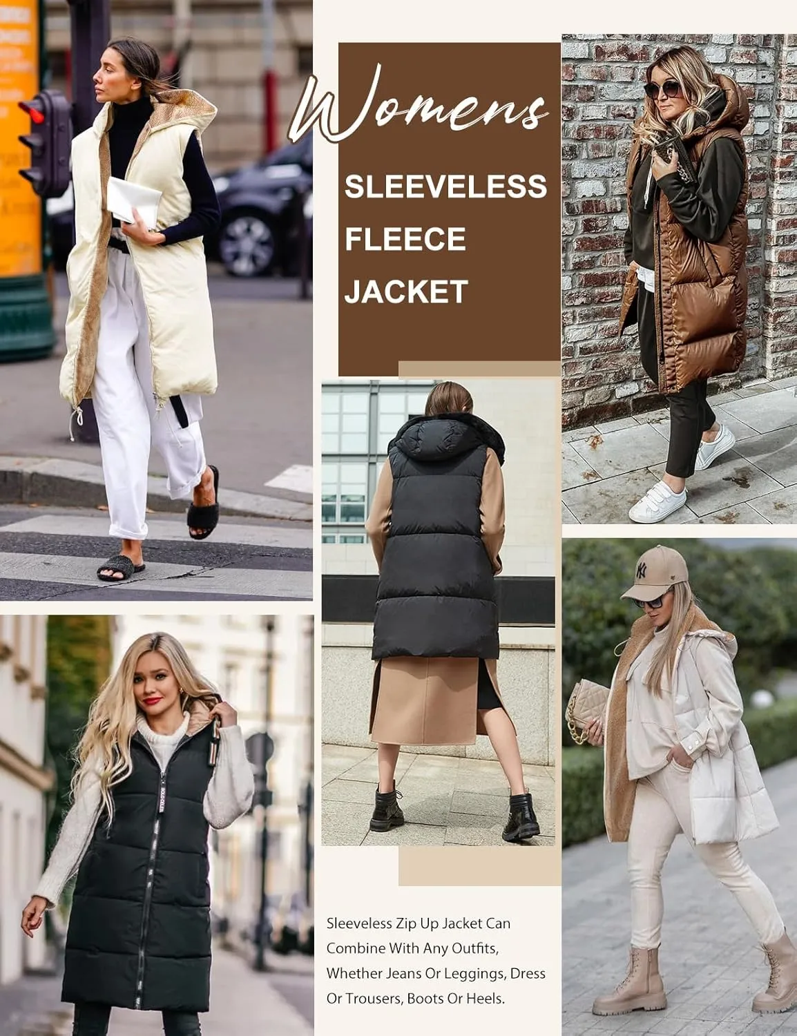 Womens Fall Reversible Vests Sleeveless Fleece Hoodie Jacket Zip Up Winter Warm Hooded Long Coat Outerwear with Pockets