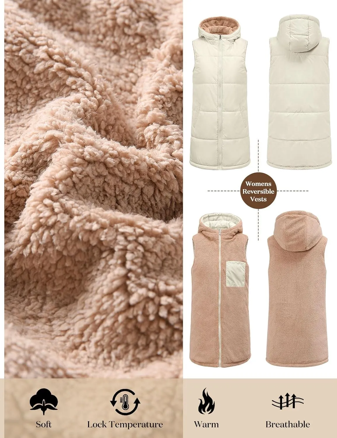 Womens Fall Reversible Vests Sleeveless Fleece Hoodie Jacket Zip Up Winter Warm Hooded Long Coat Outerwear with Pockets