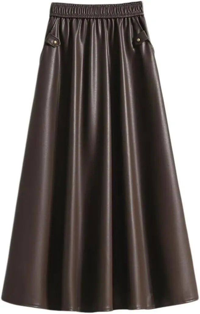 Women's Faux Leather Skirt Retro High Waisted Pleated Vintage Long A-line Midi Skirts with Pockets