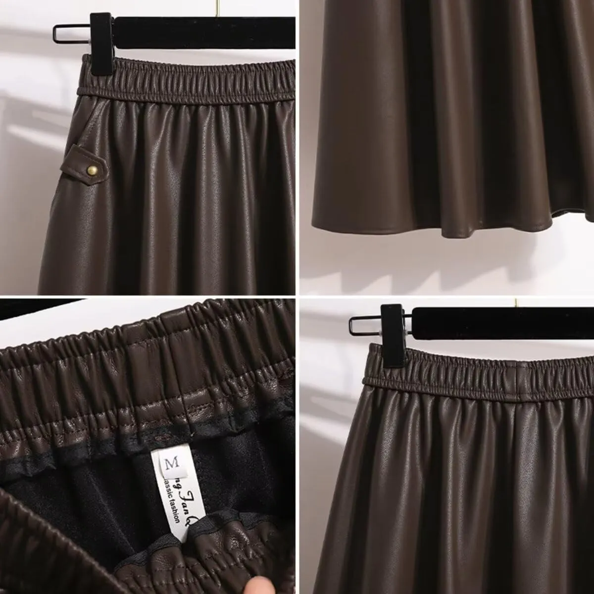 Women's Faux Leather Skirt Retro High Waisted Pleated Vintage Long A-line Midi Skirts with Pockets