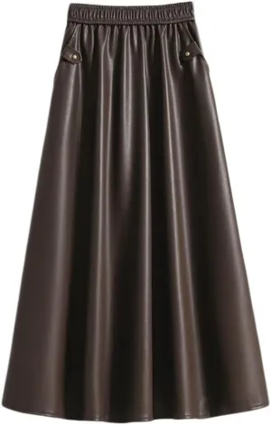 Women's Faux Leather Skirt Retro High Waisted Pleated Vintage Long A-line Midi Skirts with Pockets