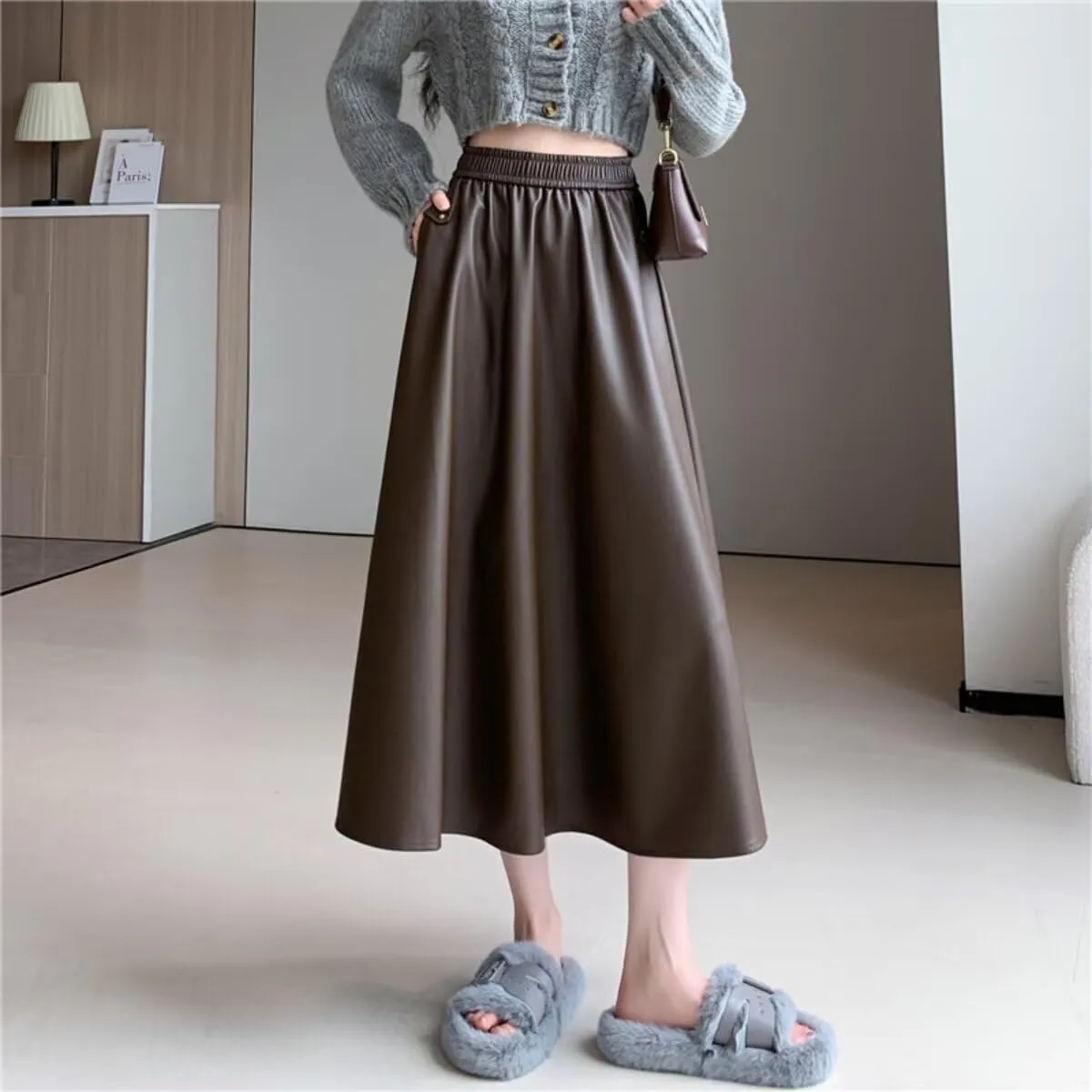 Women's Faux Leather Skirt Retro High Waisted Pleated Vintage Long A-line Midi Skirts with Pockets