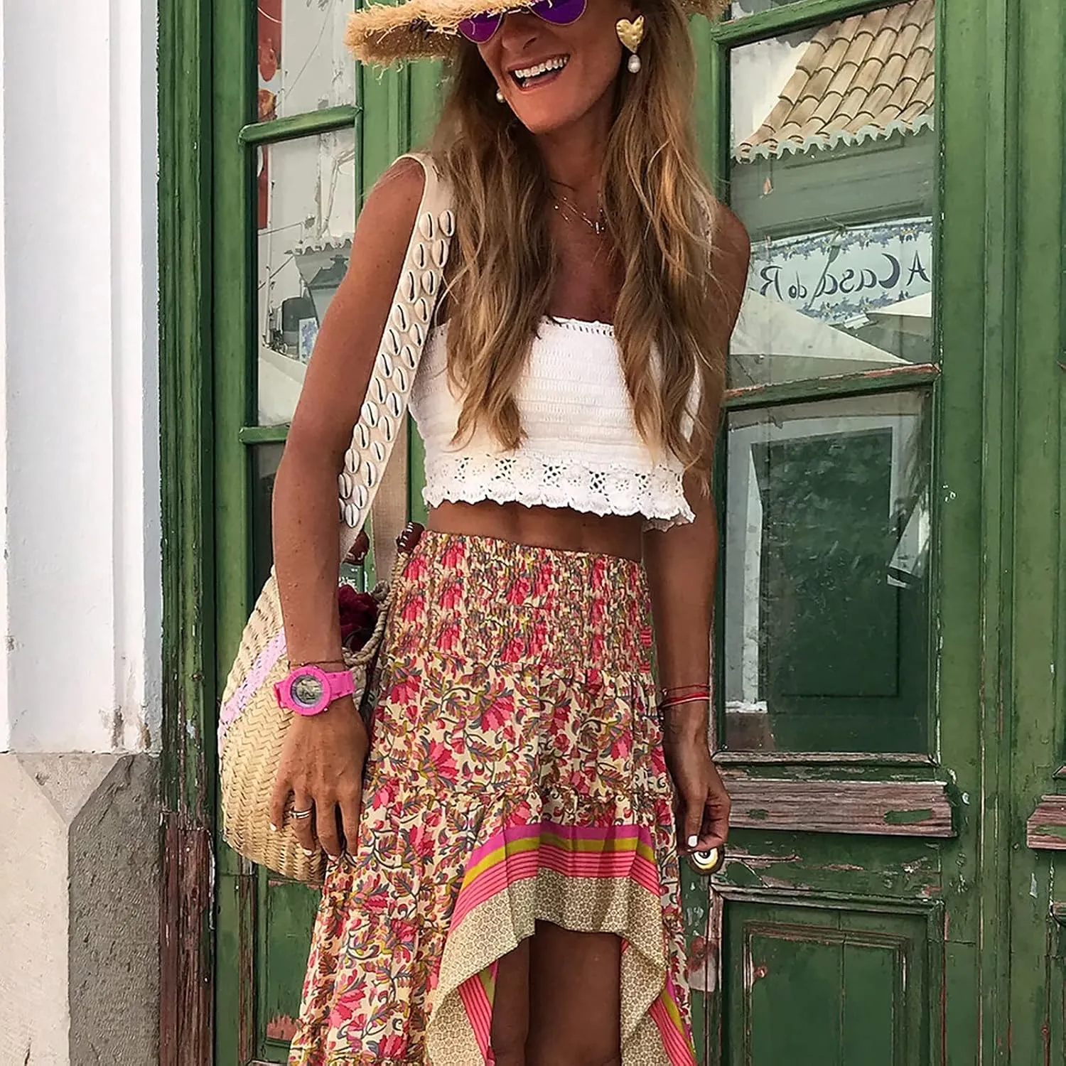 Women's Floral Skirt High Waist Long Skirt Vintage Irregular Tiered Midi Skirts A-Line Long Casual Asymmetrical
