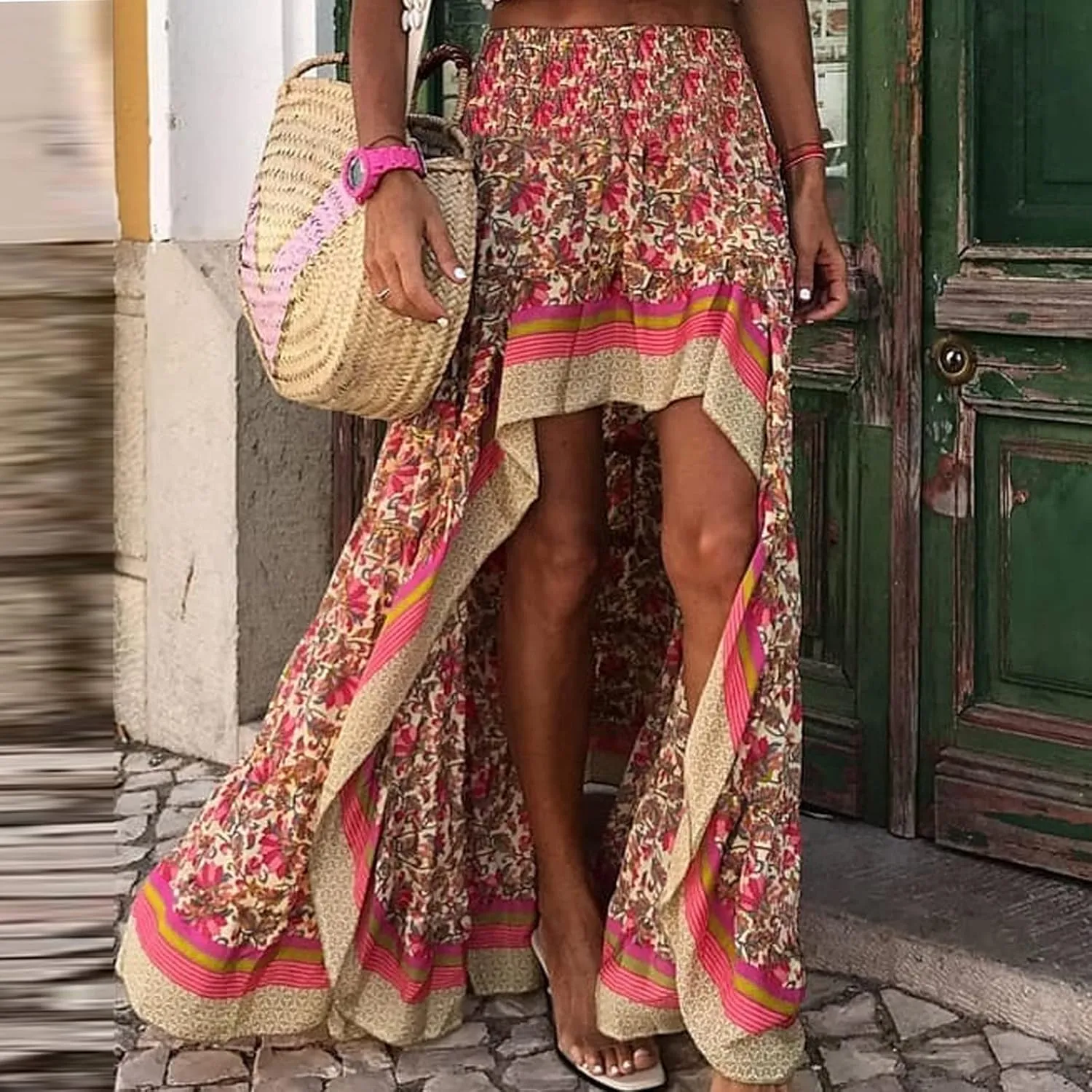 Women's Floral Skirt High Waist Long Skirt Vintage Irregular Tiered Midi Skirts A-Line Long Casual Asymmetrical