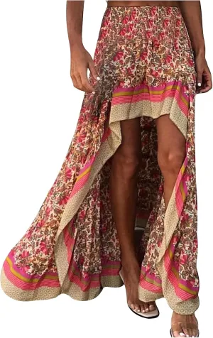 Women's Floral Skirt High Waist Long Skirt Vintage Irregular Tiered Midi Skirts A-Line Long Casual Asymmetrical
