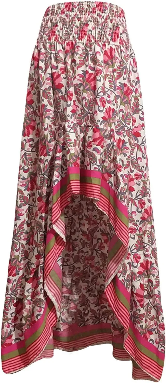 Women's Floral Skirt High Waist Long Skirt Vintage Irregular Tiered Midi Skirts A-Line Long Casual Asymmetrical