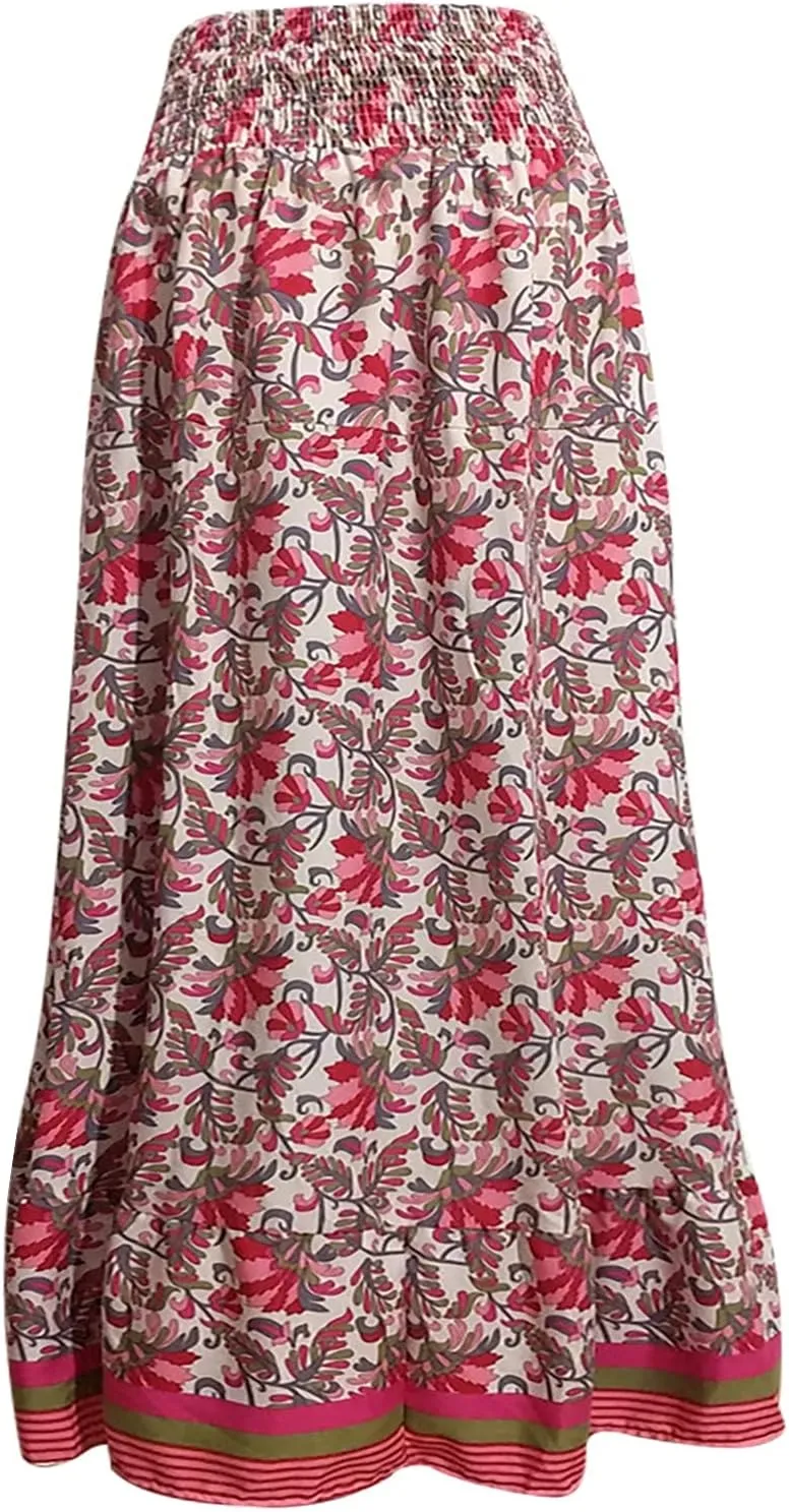Women's Floral Skirt High Waist Long Skirt Vintage Irregular Tiered Midi Skirts A-Line Long Casual Asymmetrical