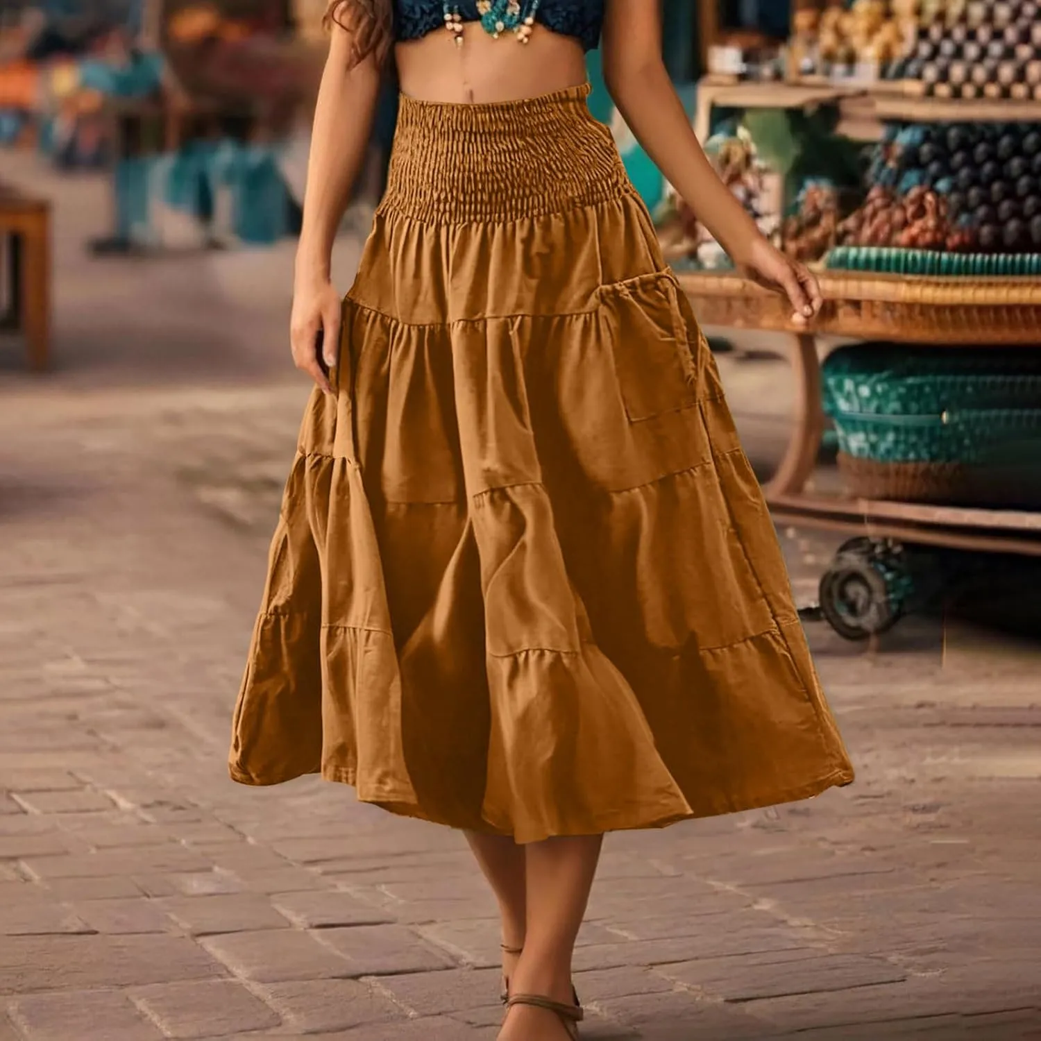 Womens Flowy Pleated Skirts High Elastic Waist A Line Boho Casual Midi Long Skirt Summer Casual Beach Cute Skirt