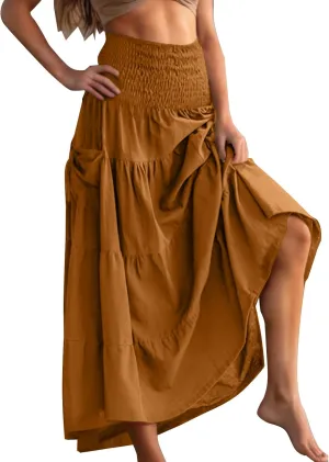 Womens Flowy Pleated Skirts High Elastic Waist A Line Boho Casual Midi Long Skirt Summer Casual Beach Cute Skirt