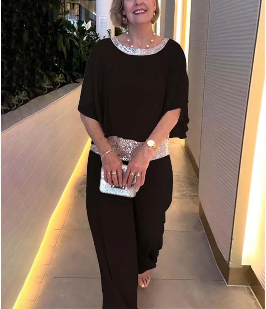Womens Formal Wedding Guest Sequin Pants Suit for Mother of Bride Crewneck 2 Piece Pants Suit Chiffon Dressy Pantsuit
