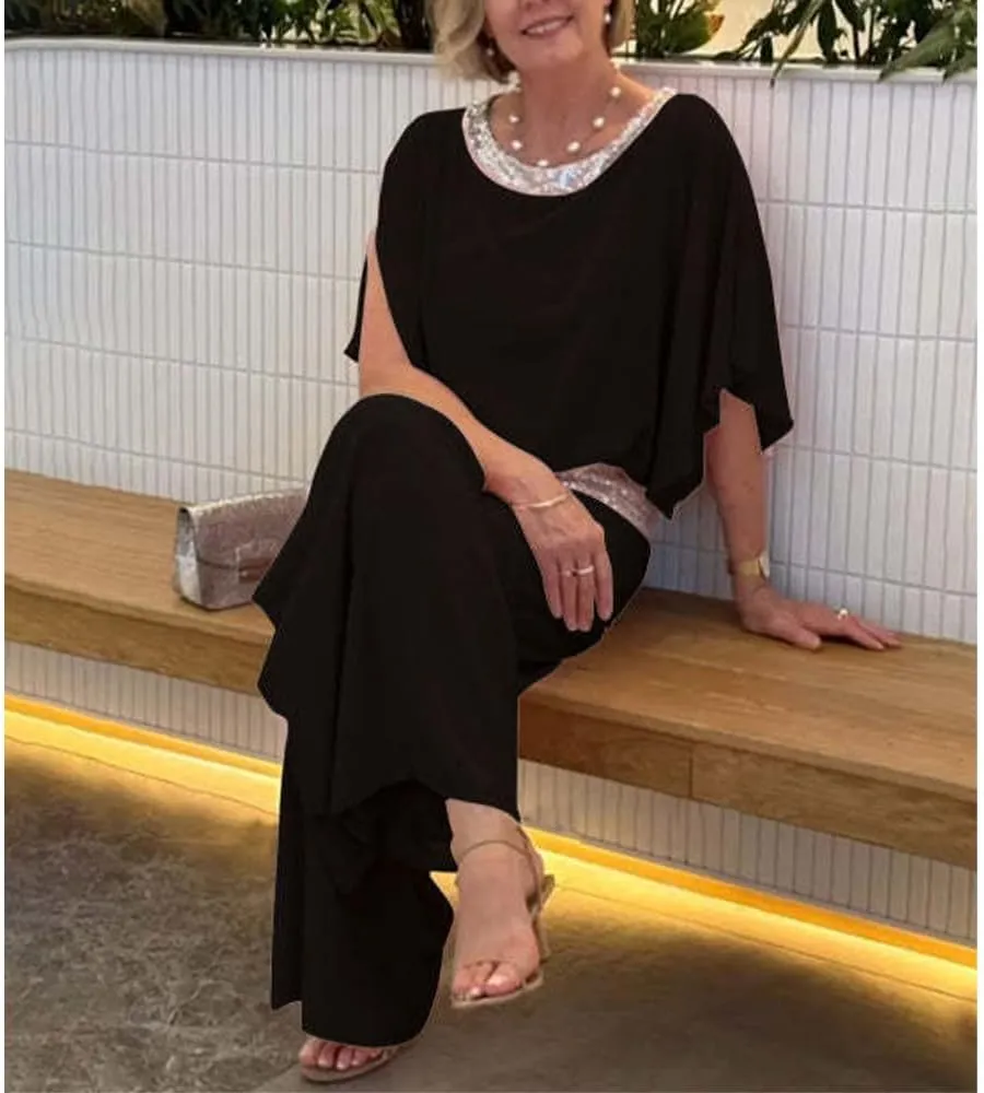 Womens Formal Wedding Guest Sequin Pants Suit for Mother of Bride Crewneck 2 Piece Pants Suit Chiffon Dressy Pantsuit