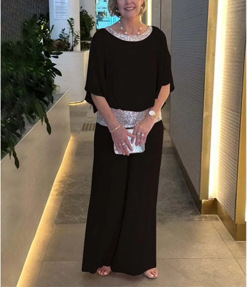 Womens Formal Wedding Guest Sequin Pants Suit for Mother of Bride Crewneck 2 Piece Pants Suit Chiffon Dressy Pantsuit