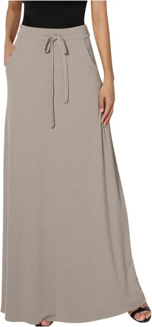 Womens High Elastic Waist Maxi Skirts Basic Drawstring Ankle Length Skirts Ladies A Line Solid Skirts with Pockets