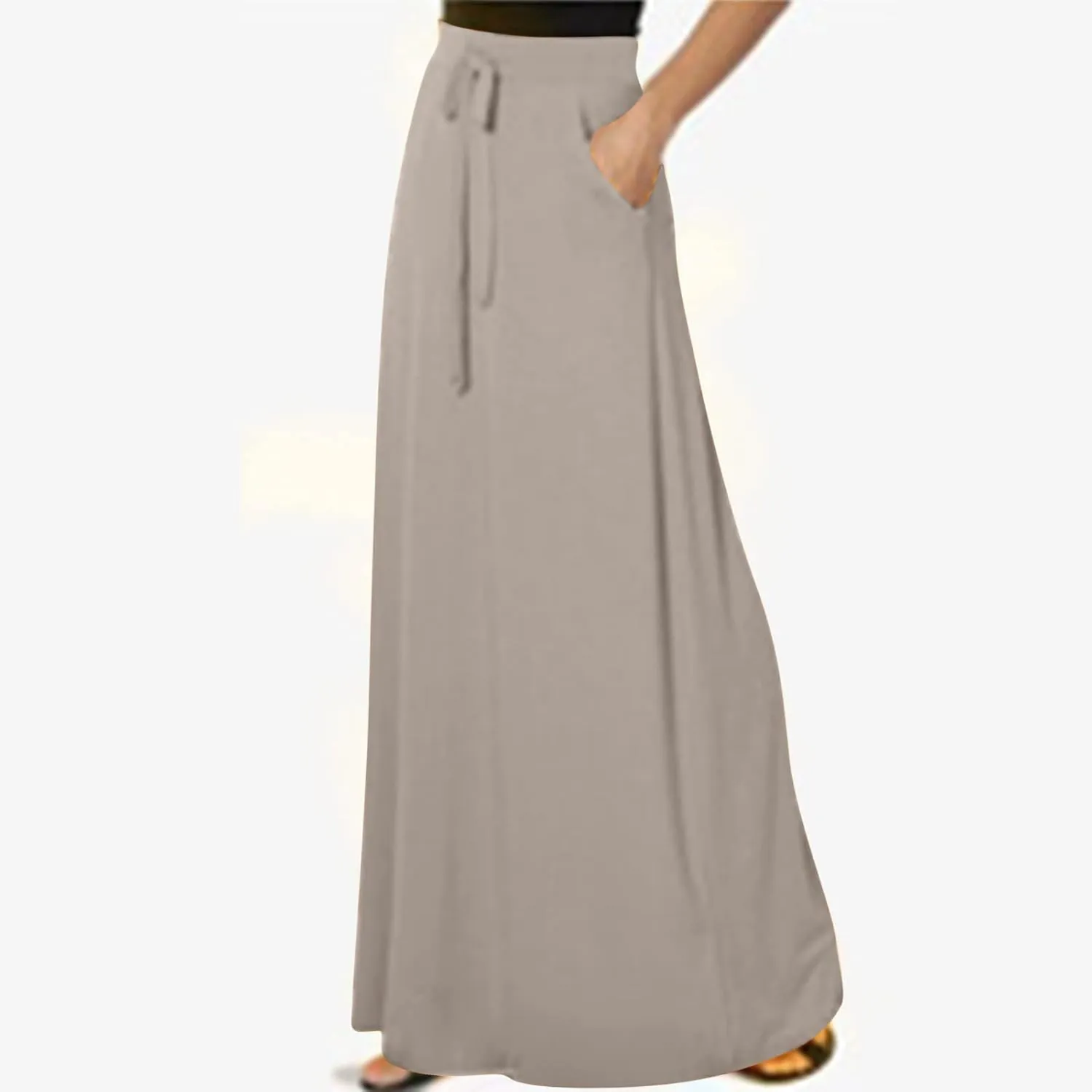 Womens High Elastic Waist Maxi Skirts Basic Drawstring Ankle Length Skirts Ladies A Line Solid Skirts with Pockets