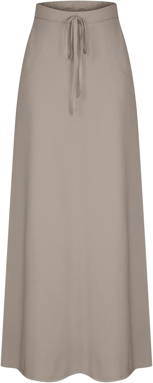 Womens High Elastic Waist Maxi Skirts Basic Drawstring Ankle Length Skirts Ladies A Line Solid Skirts with Pockets