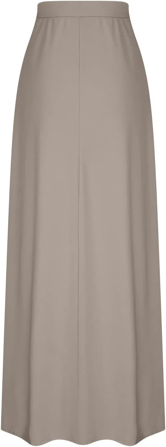 Womens High Elastic Waist Maxi Skirts Basic Drawstring Ankle Length Skirts Ladies A Line Solid Skirts with Pockets