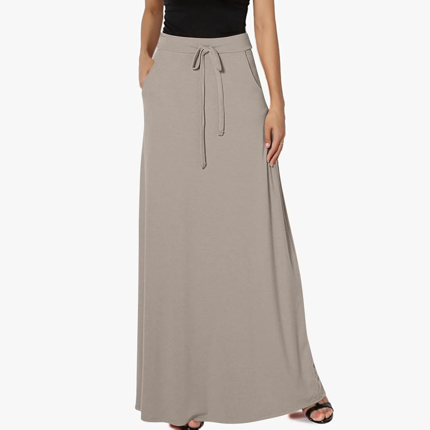 Womens High Elastic Waist Maxi Skirts Basic Drawstring Ankle Length Skirts Ladies A Line Solid Skirts with Pockets
