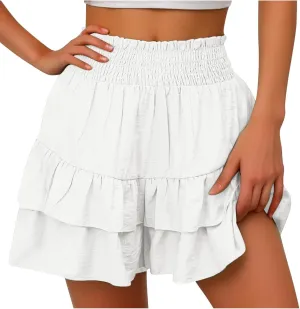 Women's High Waisted Ruffle Skirts with Floral Pleated Hem Workout Shorts Summer Casual Solid Color Cute Beach Skorts