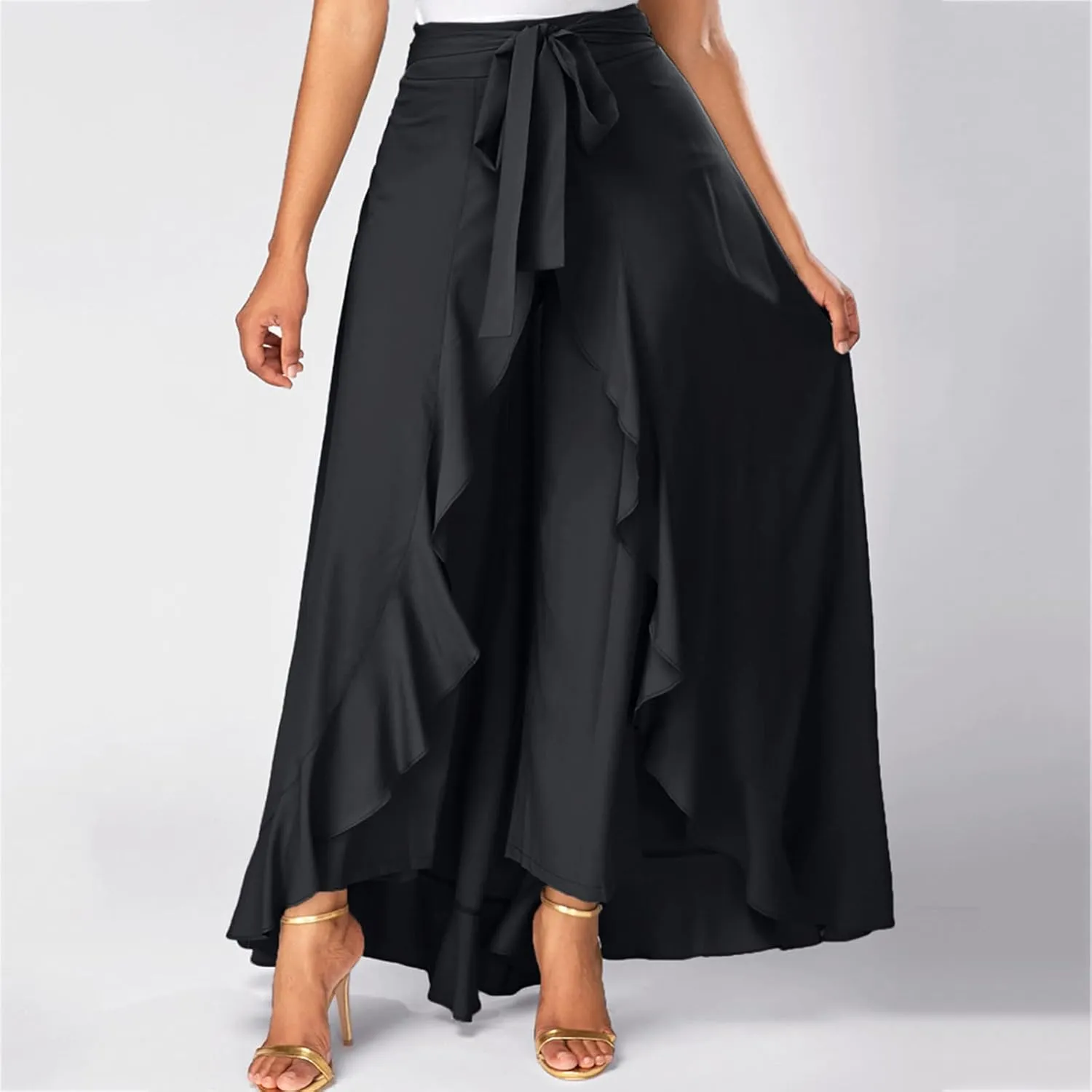 Women's Irregular Ruffle Pants Skirts High Waist Knot Tie Casual Maxi Long Palazzo Culottes A-Line Skirts Trousers