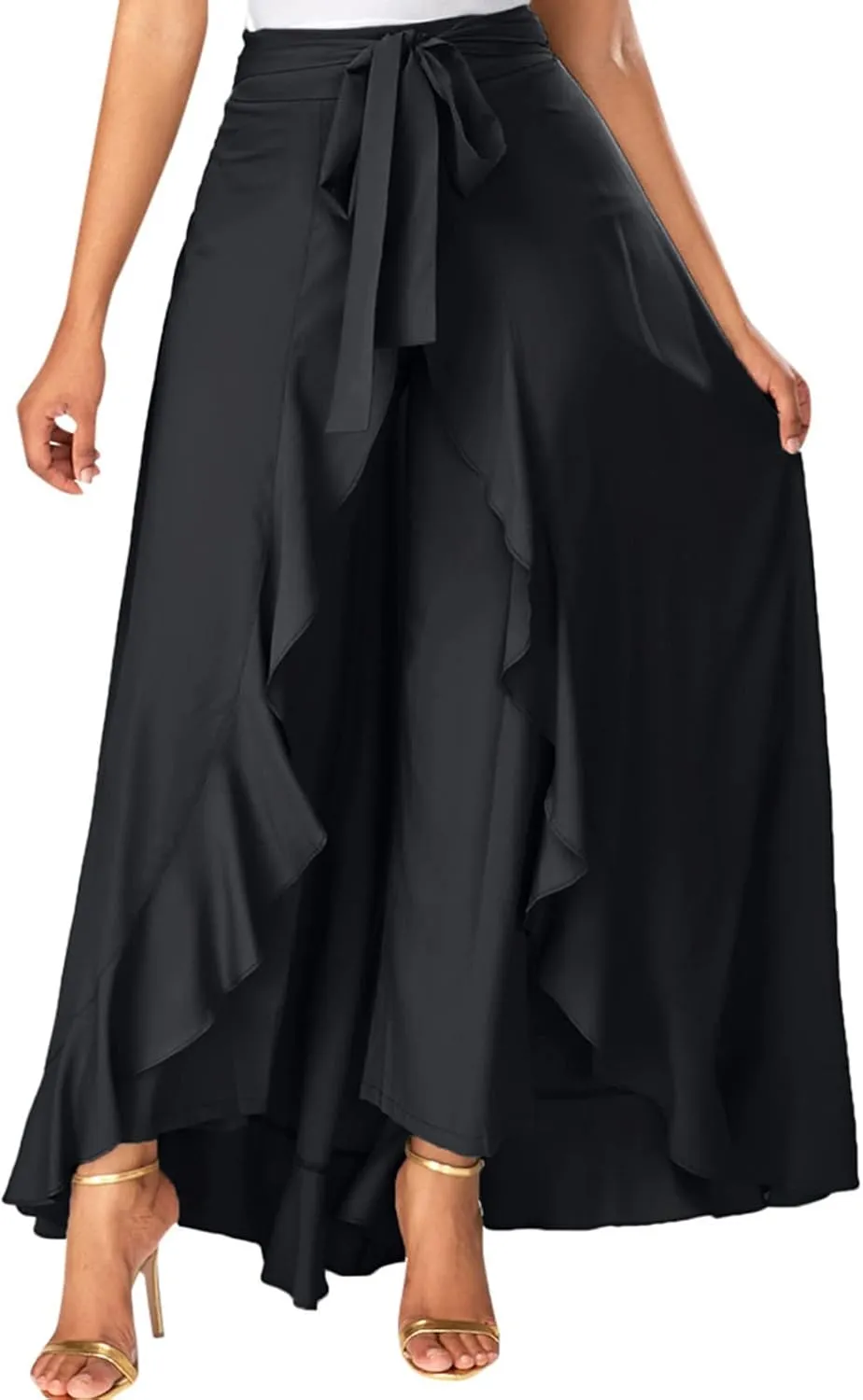 Women's Irregular Ruffle Pants Skirts High Waist Knot Tie Casual Maxi Long Palazzo Culottes A-Line Skirts Trousers