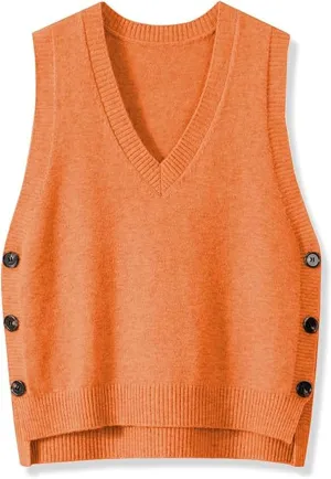 Womens Knit Sweater Vest Side Button Down Pullover Sleeveless V Neck Knit Sweater Vest