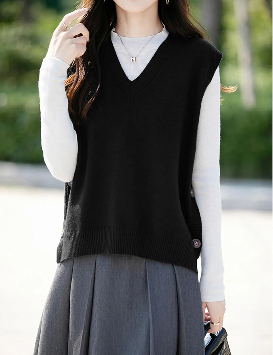 Womens Knit Sweater Vest Side Button Down Pullover Sleeveless V Neck Knit Sweater Vest