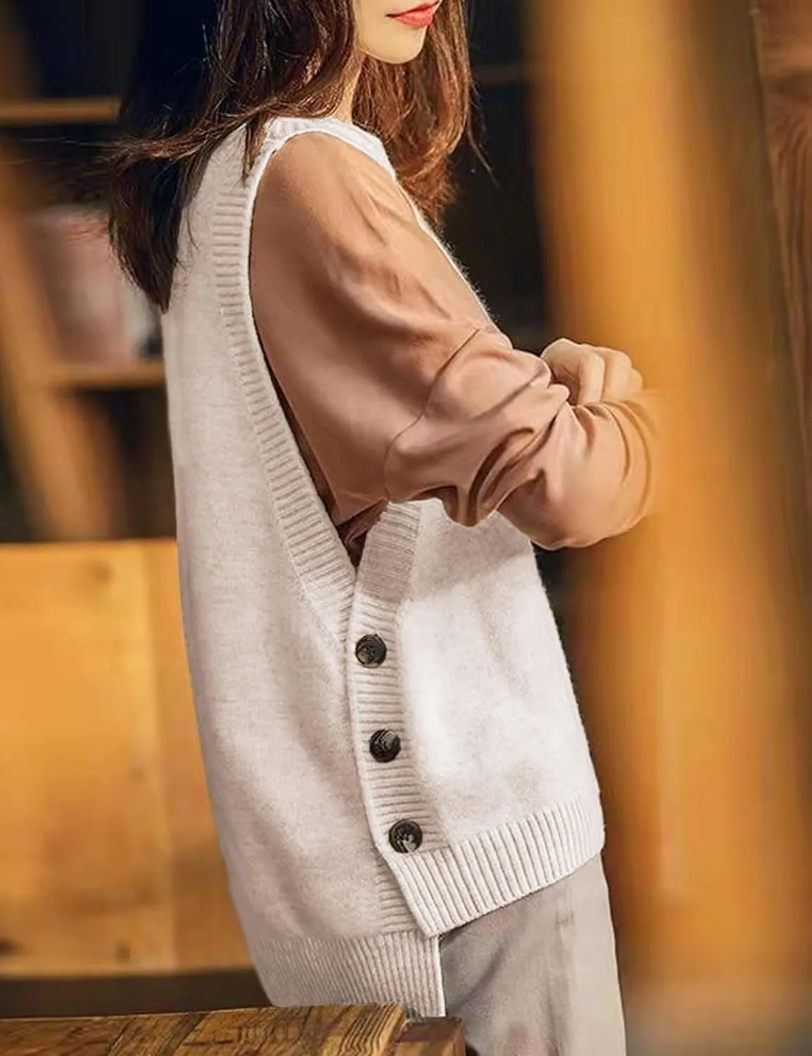Womens Knit Sweater Vest Side Button Down Pullover Sleeveless V Neck Knit Sweater Vest