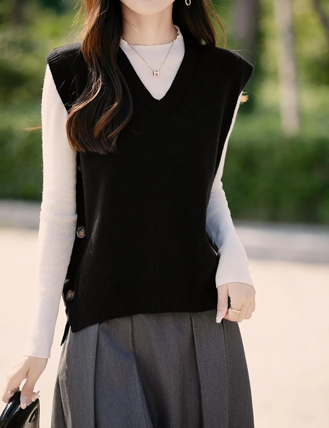 Womens Knit Sweater Vest Side Button Down Pullover Sleeveless V Neck Knit Sweater Vest