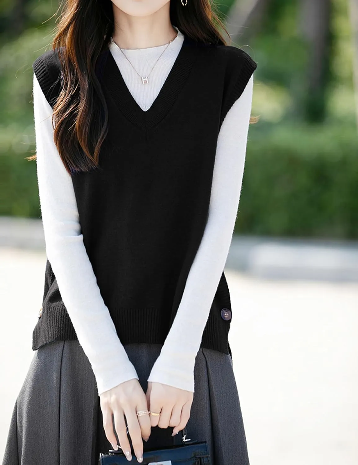 Womens Knit Sweater Vest Side Button Down Pullover Sleeveless V Neck Knit Sweater Vest