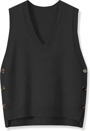 Womens Knit Sweater Vest Side Button Down Pullover Sleeveless V Neck Knit Sweater Vest