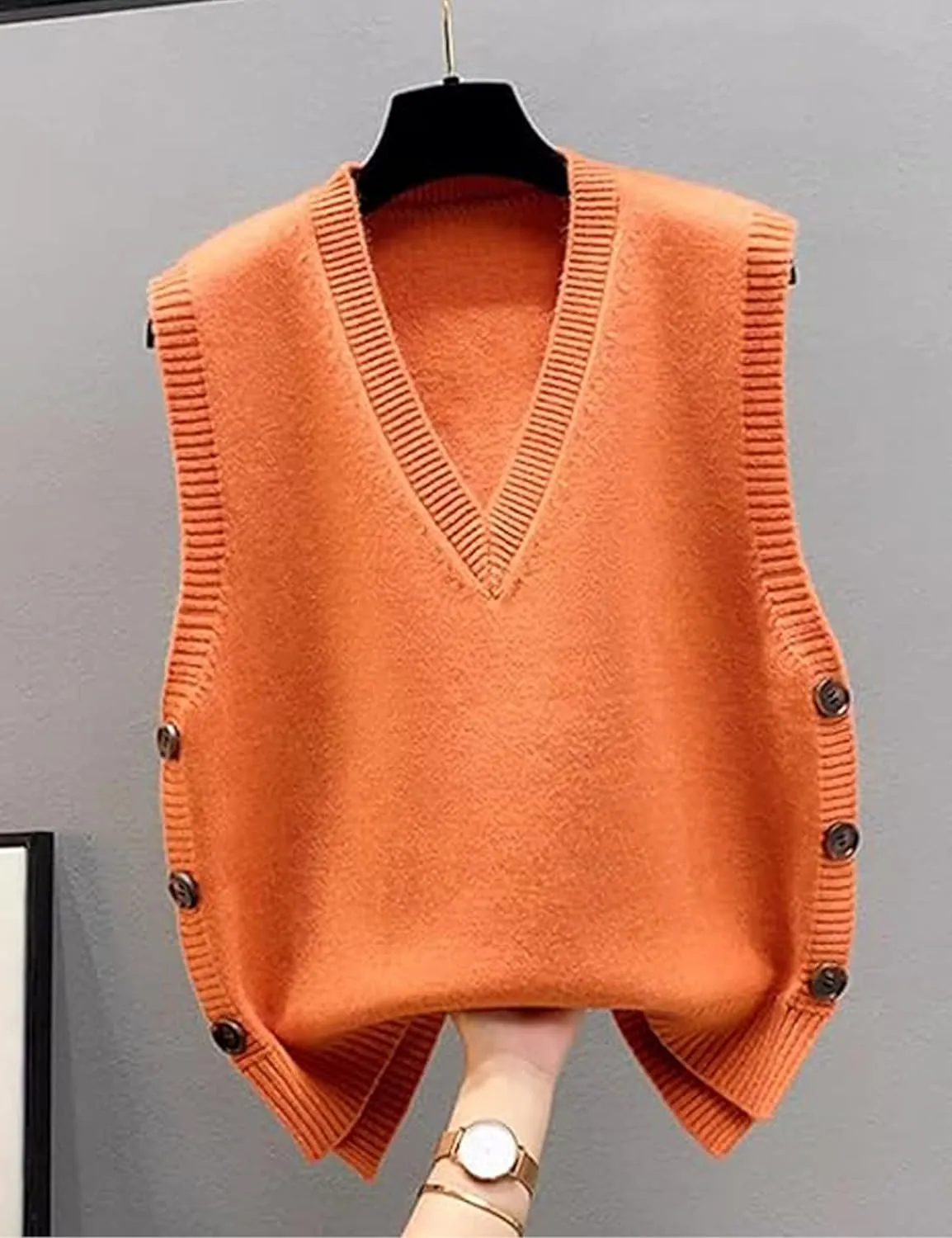 Womens Knit Sweater Vest Side Button Down Pullover Sleeveless V Neck Knit Sweater Vest