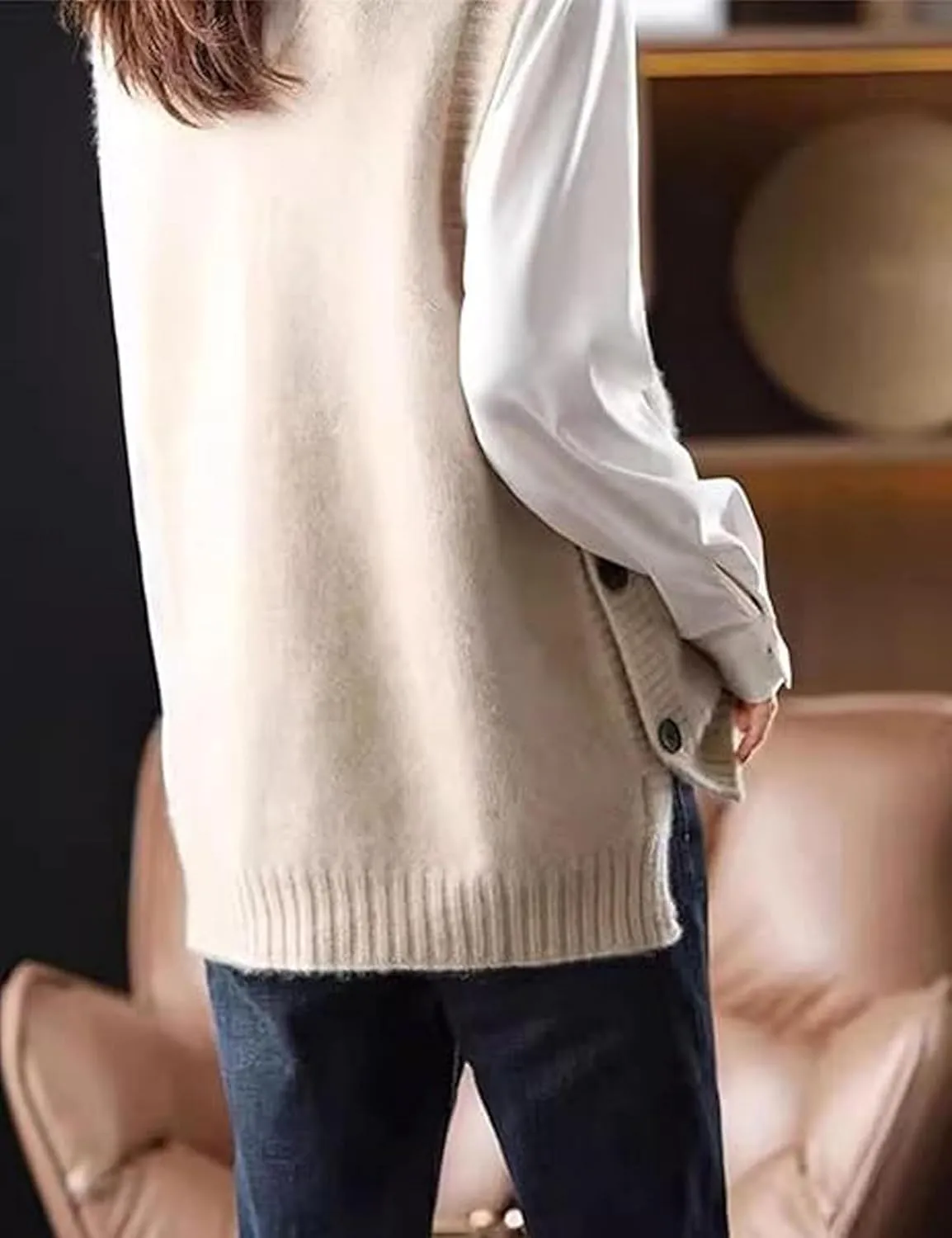 Womens Knit Sweater Vest Side Button Down Pullover Sleeveless V Neck Knit Sweater Vest