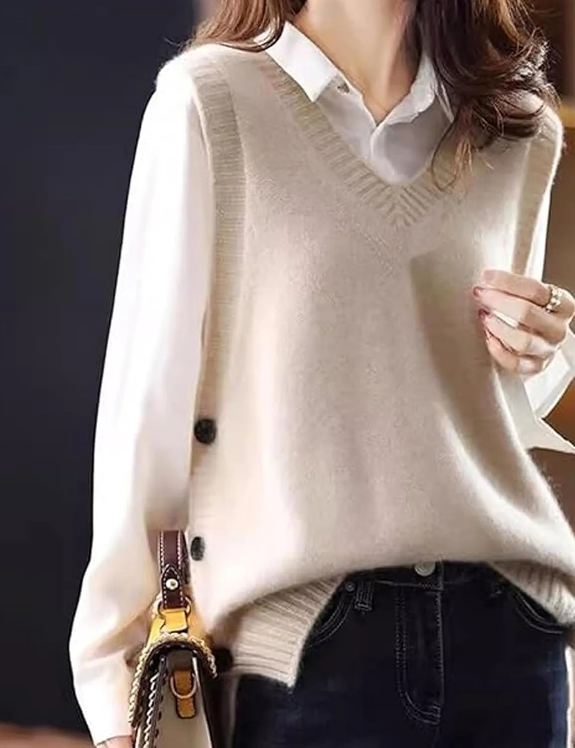 Womens Knit Sweater Vest Side Button Down Pullover Sleeveless V Neck Knit Sweater Vest