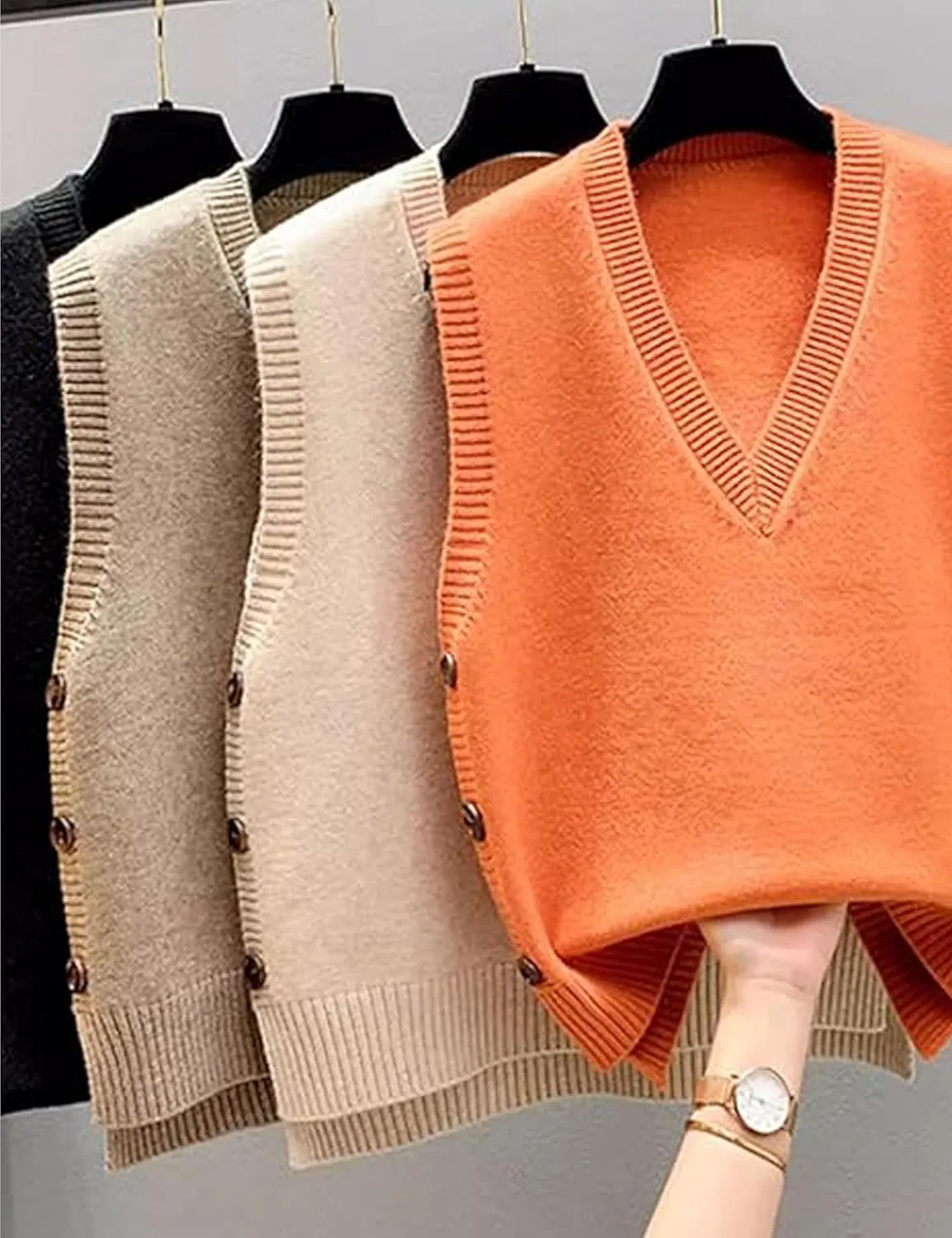 Womens Knit Sweater Vest Side Button Down Pullover Sleeveless V Neck Knit Sweater Vest